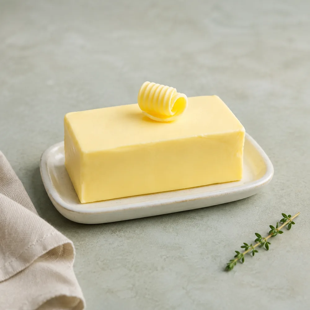 Сливочное масло на керамической маслёнке, иллюстрация продукта ClubEco